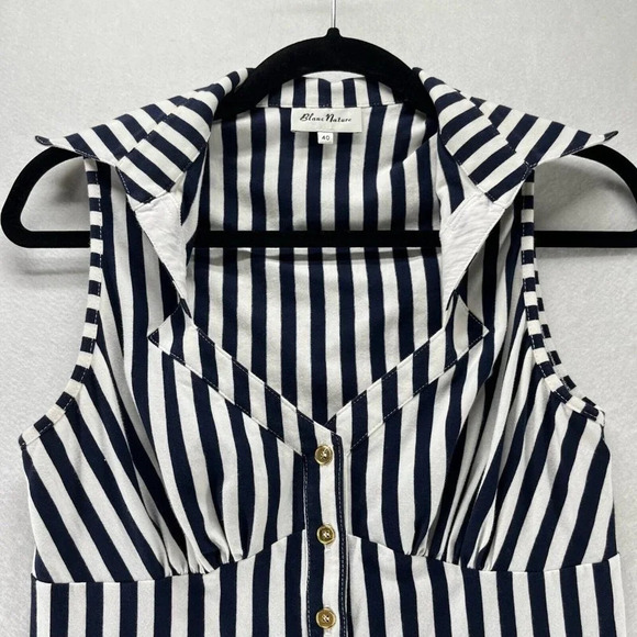 Blanc Nature Blouse Womens Sz 40 Striped Button Front Sleeveless Blue White - Picture 3 of 9